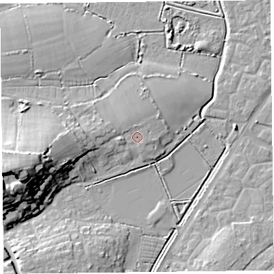 Shaded relief map of the ground around TA67RR, computed from Environment Agency LiDAR. The ground here sits at about 8 m above sea level and falls 26 m across the surrounding 800 m. Surface water reaching this point runs off ground lying to the north, 1.2 m higher.