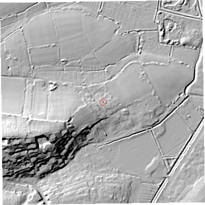 Shaded relief map of the ground around TA67RS, computed from Environment Agency LiDAR. The ground here sits at about 10 m above sea level and falls 31 m across the surrounding 800 m. Surface water reaching this point runs off ground lying to the west-south-west, 8.2 m higher.