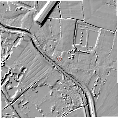 Shaded relief map of the ground around TA70AA, computed from Environment Agency LiDAR. The ground here sits at about 7 m above sea level and falls 11 m across the surrounding 800 m. Surface water reaching this point runs off ground lying to the west-south-west, 1.2 m higher.