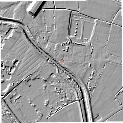 Shaded relief map of the ground around TA70AB, computed from Environment Agency LiDAR. The ground here sits at about 8 m above sea level and falls 11 m across the surrounding 800 m. Surface water reaching this point runs off ground lying to the south-east, 1.6 m higher.