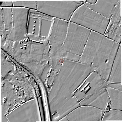 Shaded relief map of the ground around TA70AD, computed from Environment Agency LiDAR. The ground here sits at about 6 m above sea level and falls 8 m across the surrounding 800 m. Surface water reaching this point runs off ground lying to the south-west, 2.6 m higher.