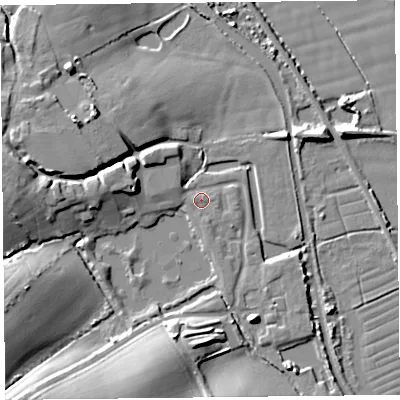 Shaded relief map of the ground around TA70AE, computed from Environment Agency LiDAR. The ground here sits at about 7 m above sea level and falls 11 m across the surrounding 800 m. Surface water reaching this point runs off ground lying to the west-south-west, 9.1 m higher.