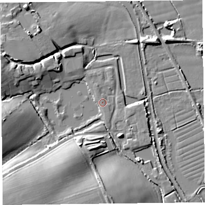 Shaded relief map of the ground around TA70AF, computed from Environment Agency LiDAR. The ground here sits at about 7 m above sea level and falls 12 m across the surrounding 800 m. Surface water reaching this point runs off ground lying to the west, 9.5 m higher.