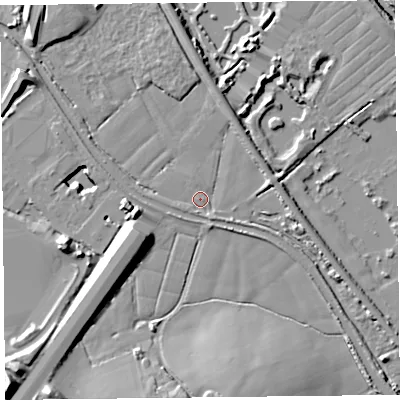 Shaded relief map of the ground around TA70AG, computed from Environment Agency LiDAR. The ground here sits at about 6 m above sea level and falls 18 m across the surrounding 800 m. Surface water reaching this point runs off ground lying to the south, 1.7 m higher.