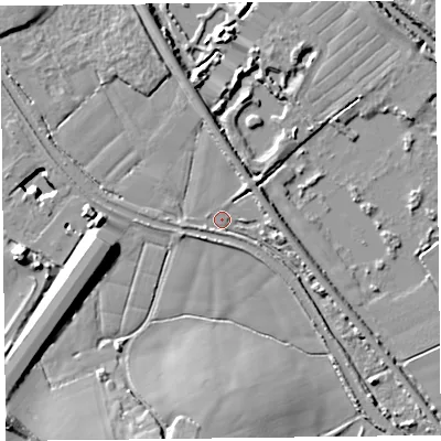 Shaded relief map of the ground around TA70AQ, computed from Environment Agency LiDAR. The ground here sits at about 6 m above sea level and falls 14 m across the surrounding 800 m. Surface water reaching this point runs off ground lying to the north, 4.2 m higher.