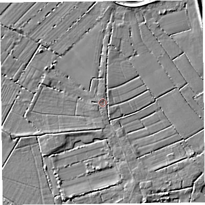 Shaded relief map of the ground around TA70AS, computed from Environment Agency LiDAR. The ground here sits at about 5 m above sea level and falls 6 m across the surrounding 800 m. Surface water reaching this point runs off ground lying to the north, 1.7 m higher.
