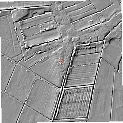 Shaded relief map of the ground around TA70AT, computed from Environment Agency LiDAR. The ground here sits at about 5 m above sea level and falls 4 m across the surrounding 800 m. Surface water reaching this point runs off ground lying to the north-east, 0.9 m higher.