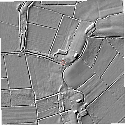 Shaded relief map of the ground around TA70AU, computed from Environment Agency LiDAR. The ground here sits at about 5 m above sea level and falls 6 m across the surrounding 800 m. Surface water reaching this point runs off ground lying to the east-north-east, 5.3 m higher.