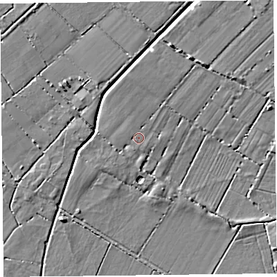 Shaded relief map of the ground around TA70AW, computed from Environment Agency LiDAR. The ground here sits at about 5 m above sea level and falls 6 m across the surrounding 800 m. Surface water reaching this point runs off ground lying to the west, 1.2 m higher.
