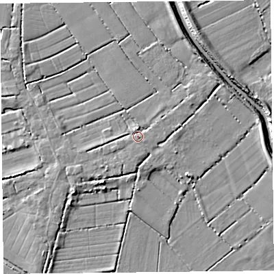 Shaded relief map of the ground around TA70AX, computed from Environment Agency LiDAR. The ground here sits at about 6 m above sea level and falls 6 m across the surrounding 800 m. Surface water reaching this point runs off ground lying to the east-south-east, 1.9 m higher.