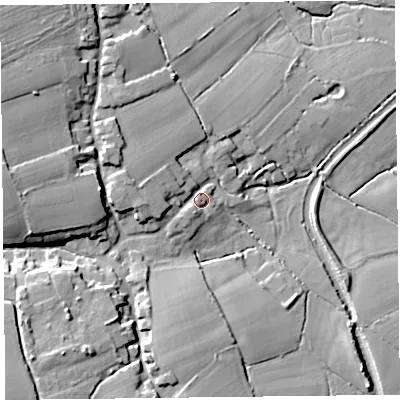 Shaded relief map of the ground around TA70BG, computed from Environment Agency LiDAR. The ground here sits at about 15 m above sea level and falls 21 m across the surrounding 800 m. Surface water reaching this point runs off ground lying to the west-north-west, 5.8 m higher.