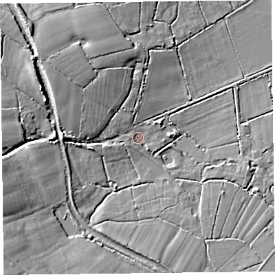 Shaded relief map of the ground around TA70BT, computed from Environment Agency LiDAR. The ground here sits at about 6 m above sea level and falls 14 m across the surrounding 800 m. Surface water reaching this point runs off ground lying to the west, 6.1 m higher.