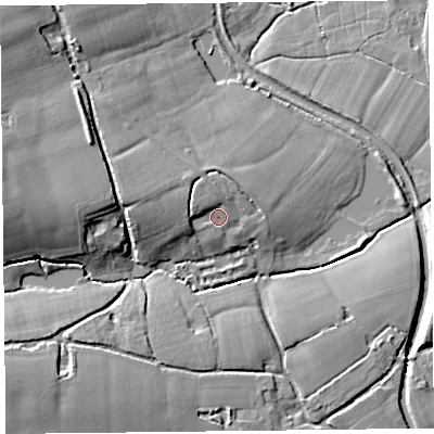 Shaded relief map of the ground around TA70BU, computed from Environment Agency LiDAR. The ground here sits at about 15 m above sea level and falls 19 m across the surrounding 800 m. Surface water reaching this point runs off ground lying to the west-north-west, 2.6 m higher.