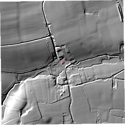 Shaded relief map of the ground around TA70BY, computed from Environment Agency LiDAR. The ground here sits at about 19 m above sea level and falls 27 m across the surrounding 800 m. Surface water reaching this point runs off ground lying to the west-north-west, 21.6 m higher.