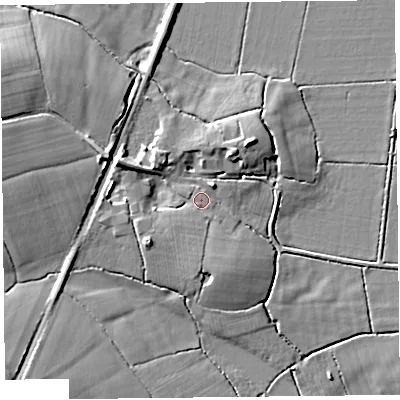 Shaded relief map of the ground around TA70DJ, computed from Environment Agency LiDAR. The ground here sits at about 7 m above sea level and falls 10 m across the surrounding 800 m. Surface water reaching this point runs off ground lying to the west-north-west, 4.8 m higher.