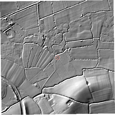 Shaded relief map of the ground around TA70DL, computed from Environment Agency LiDAR. The ground here sits at about 6 m above sea level and falls 15 m across the surrounding 800 m. Surface water reaching this point runs off ground lying to the south-south-west, 4.1 m higher.
