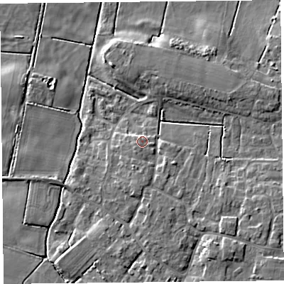 Shaded relief map of the ground around TA70DP, computed from Environment Agency LiDAR. The ground here sits at about 6 m above sea level and falls 7 m across the surrounding 800 m. Surface water reaching this point runs off ground lying to the south-west, 0.6 m higher.