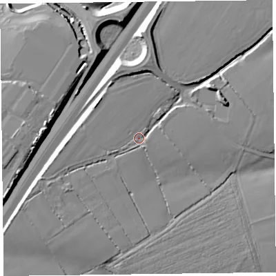 Shaded relief map of the ground around TA70DU, computed from Environment Agency LiDAR. The ground here sits at about 22 m above sea level and falls 14 m across the surrounding 800 m. Surface water reaching this point runs off ground lying to the west-south-west, 5.4 m higher.