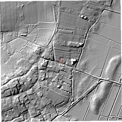 Shaded relief map of the ground around TA70DW, computed from Environment Agency LiDAR. The ground here sits at about 8 m above sea level and falls 12 m across the surrounding 800 m. Surface water reaching this point runs off ground lying to the west-south-west, 4.9 m higher.