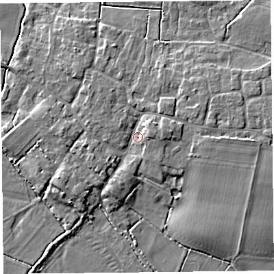 Shaded relief map of the ground around TA70DZ, computed from Environment Agency LiDAR. The ground here sits at about 6 m above sea level and falls 7 m across the surrounding 800 m. Surface water reaching this point runs off ground lying to the north, 2.0 m higher.