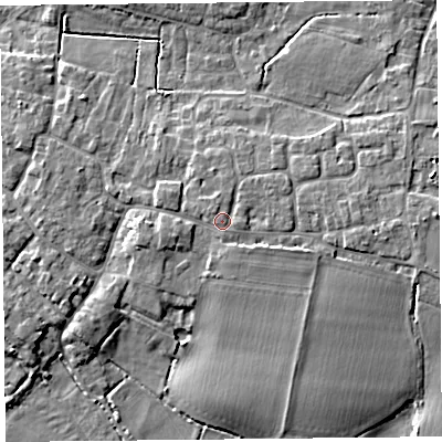 Shaded relief map of the ground around TA70EB, computed from Environment Agency LiDAR. The ground here sits at about 8 m above sea level and falls 7 m across the surrounding 800 m. Surface water reaching this point runs off ground lying to the east, 1.0 m higher.