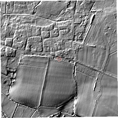 Shaded relief map of the ground around TA70ED, computed from Environment Agency LiDAR. The ground here sits at about 8 m above sea level and falls 8 m across the surrounding 800 m. Surface water reaching this point runs off ground lying to the west, 1.9 m higher.