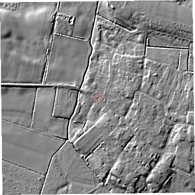 Shaded relief map of the ground around TA70EG, computed from Environment Agency LiDAR. The ground here sits at about 6 m above sea level and falls 7 m across the surrounding 800 m. Surface water reaching this point runs off ground lying to the east, 2.5 m higher.