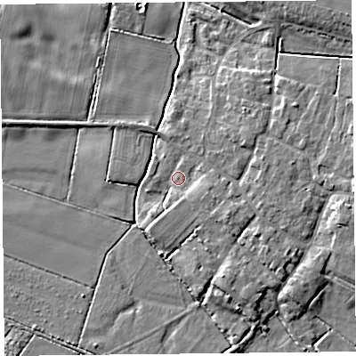 Shaded relief map of the ground around TA70EH, computed from Environment Agency LiDAR. The ground here sits at about 6 m above sea level and falls 7 m across the surrounding 800 m. Surface water reaching this point runs off ground lying to the east-north-east, 3.0 m higher.