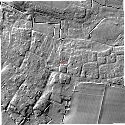 Shaded relief map of the ground around TA70EP, computed from Environment Agency LiDAR. The ground here sits at about 7 m above sea level and falls 7 m across the surrounding 800 m. Surface water reaching this point runs off ground lying to the south-south-east, 1.9 m higher.