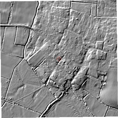 Shaded relief map of the ground around TA70EQ, computed from Environment Agency LiDAR. The ground here sits at about 7 m above sea level and falls 7 m across the surrounding 800 m. Surface water reaching this point runs off ground lying to the south-east, 1.6 m higher.