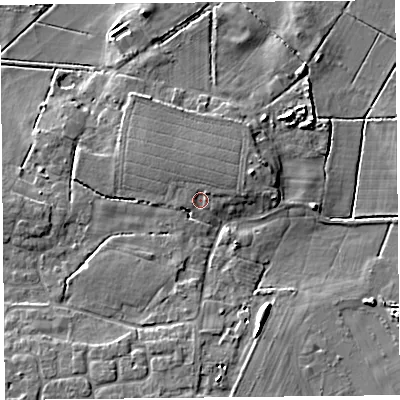 Shaded relief map of the ground around TA70EU, computed from Environment Agency LiDAR. The ground here sits at about 6 m above sea level and falls 8 m across the surrounding 800 m. Surface water reaching this point runs off ground lying to the north-north-east, 1.4 m higher.