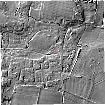 Shaded relief map of the ground around TA70EX, computed from Environment Agency LiDAR. The ground here sits at about 7 m above sea level and falls 8 m across the surrounding 800 m. Surface water reaching this point runs off ground lying to the south-east, 1.8 m higher.