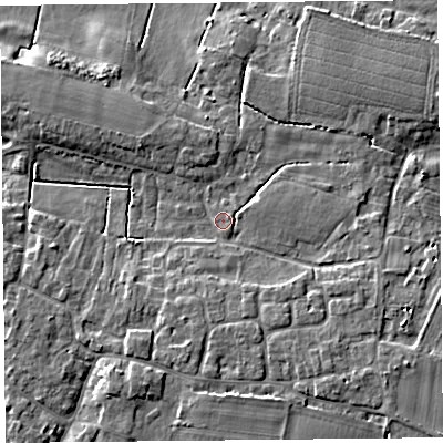 Shaded relief map of the ground around TA70EY, computed from Environment Agency LiDAR. The ground here sits at about 6 m above sea level and falls 7 m across the surrounding 800 m. Surface water reaching this point runs off ground lying to the south-east, 3.4 m higher.