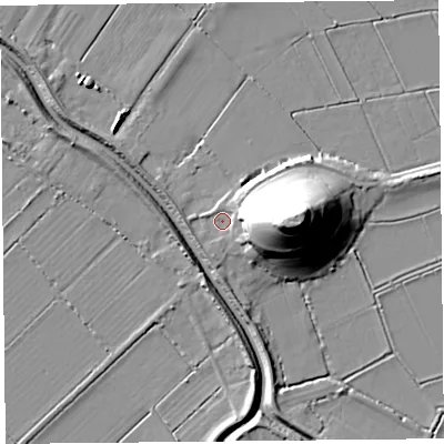 Shaded relief map of the ground around TA70FA, computed from Environment Agency LiDAR. The ground here sits at about 7 m above sea level and falls 31 m across the surrounding 800 m. Surface water reaching this point runs off ground lying to the east, 26.0 m higher.