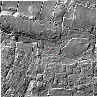 Shaded relief map of the ground around TA70HA, computed from Environment Agency LiDAR. The ground here sits at about 5 m above sea level and falls 7 m across the surrounding 800 m. Surface water reaching this point runs off ground lying to the south-east, 3.8 m higher.