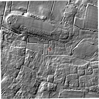 Shaded relief map of the ground around TA70HB, computed from Environment Agency LiDAR. The ground here sits at about 5 m above sea level and falls 7 m across the surrounding 800 m. Surface water reaching this point runs off ground lying to the south, 5.3 m higher.