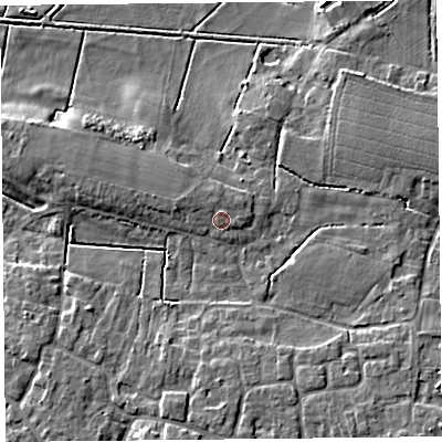 Shaded relief map of the ground around TA70HD, computed from Environment Agency LiDAR. The ground here sits at about 7 m above sea level and falls 6 m across the surrounding 800 m. Surface water reaching this point runs off ground lying to the north-north-west, 1.1 m higher.