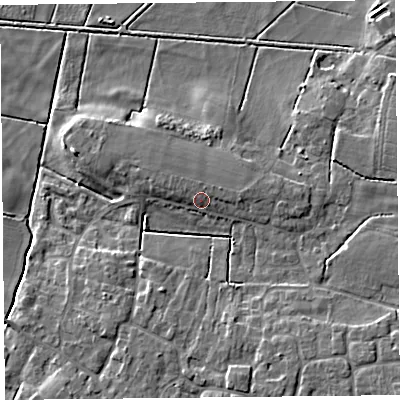 Shaded relief map of the ground around TA70HE, computed from Environment Agency LiDAR. The ground here sits at about 7 m above sea level and falls 6 m across the surrounding 800 m. Surface water reaching this point runs off ground lying to the east-north-east, 1.3 m higher.