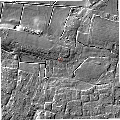 Shaded relief map of the ground around TA70HF, computed from Environment Agency LiDAR. The ground here sits at about 6 m above sea level and falls 7 m across the surrounding 800 m. Surface water reaching this point runs off ground lying to the north-west, 1.7 m higher.