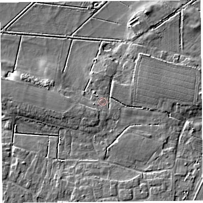 Shaded relief map of the ground around TA70HG, computed from Environment Agency LiDAR. The ground here sits at about 5 m above sea level and falls 6 m across the surrounding 800 m. Surface water reaching this point runs off ground lying to the east, 3.1 m higher.