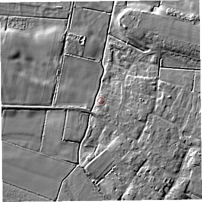 Shaded relief map of the ground around TA70HH, computed from Environment Agency LiDAR. The ground here sits at about 6 m above sea level and falls 7 m across the surrounding 800 m. Surface water reaching this point runs off ground lying to the east-south-east, 2.3 m higher.