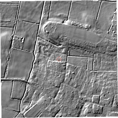 Shaded relief map of the ground around TA70HN, computed from Environment Agency LiDAR. The ground here sits at about 5 m above sea level and falls 7 m across the surrounding 800 m. Surface water reaching this point runs off ground lying to the south, 2.6 m higher.