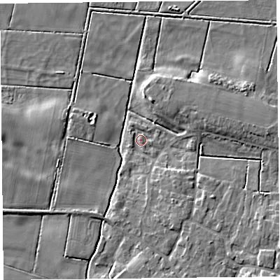 Shaded relief map of the ground around TA70HP, computed from Environment Agency LiDAR. The ground here sits at about 5 m above sea level and falls 7 m across the surrounding 800 m. Surface water reaching this point runs off ground lying to the south-east, 5.8 m higher.