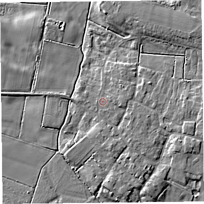 Shaded relief map of the ground around TA70HQ, computed from Environment Agency LiDAR. The ground here sits at about 6 m above sea level and falls 7 m across the surrounding 800 m. Surface water reaching this point runs off ground lying to the east, 1.8 m higher.