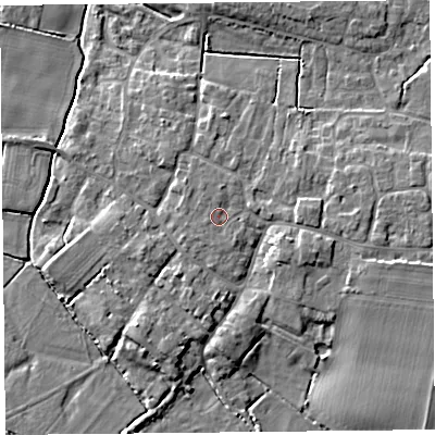 Shaded relief map of the ground around TA70HS, computed from Environment Agency LiDAR. The ground here sits at about 7 m above sea level and falls 7 m across the surrounding 800 m. Surface water reaching this point runs off ground lying to the south-east, 0.5 m higher.