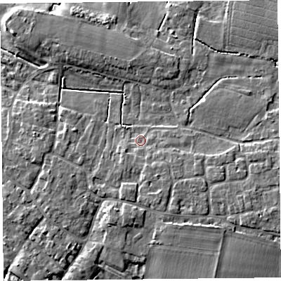 Shaded relief map of the ground around TA70HT, computed from Environment Agency LiDAR. The ground here sits at about 6 m above sea level and falls 7 m across the surrounding 800 m. Surface water reaching this point runs off ground lying to the south, 3.2 m higher.