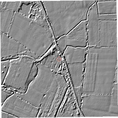Shaded relief map of the ground around TA70HZ, computed from Environment Agency LiDAR. The ground here sits at about 6 m above sea level and falls 4 m across the surrounding 800 m. Surface water reaching this point runs off ground lying to the north-west, 3.5 m higher.