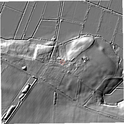Shaded relief map of the ground around TA70JB, computed from Environment Agency LiDAR. The ground here sits at about 7 m above sea level and falls 12 m across the surrounding 800 m. Surface water reaching this point runs off ground lying to the south-west, 2.7 m higher.