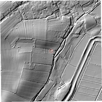 Shaded relief map of the ground around TA70JD, computed from Environment Agency LiDAR. The ground here sits at about 9 m above sea level and falls 20 m across the surrounding 800 m. Surface water reaching this point runs off ground lying to the west-north-west, 14.8 m higher.