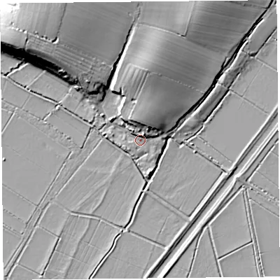 Shaded relief map of the ground around TA70JF, computed from Environment Agency LiDAR. The ground here sits at about 6 m above sea level and falls 20 m across the surrounding 800 m. Surface water reaching this point runs off ground lying to the north-north-east, 6.5 m higher.